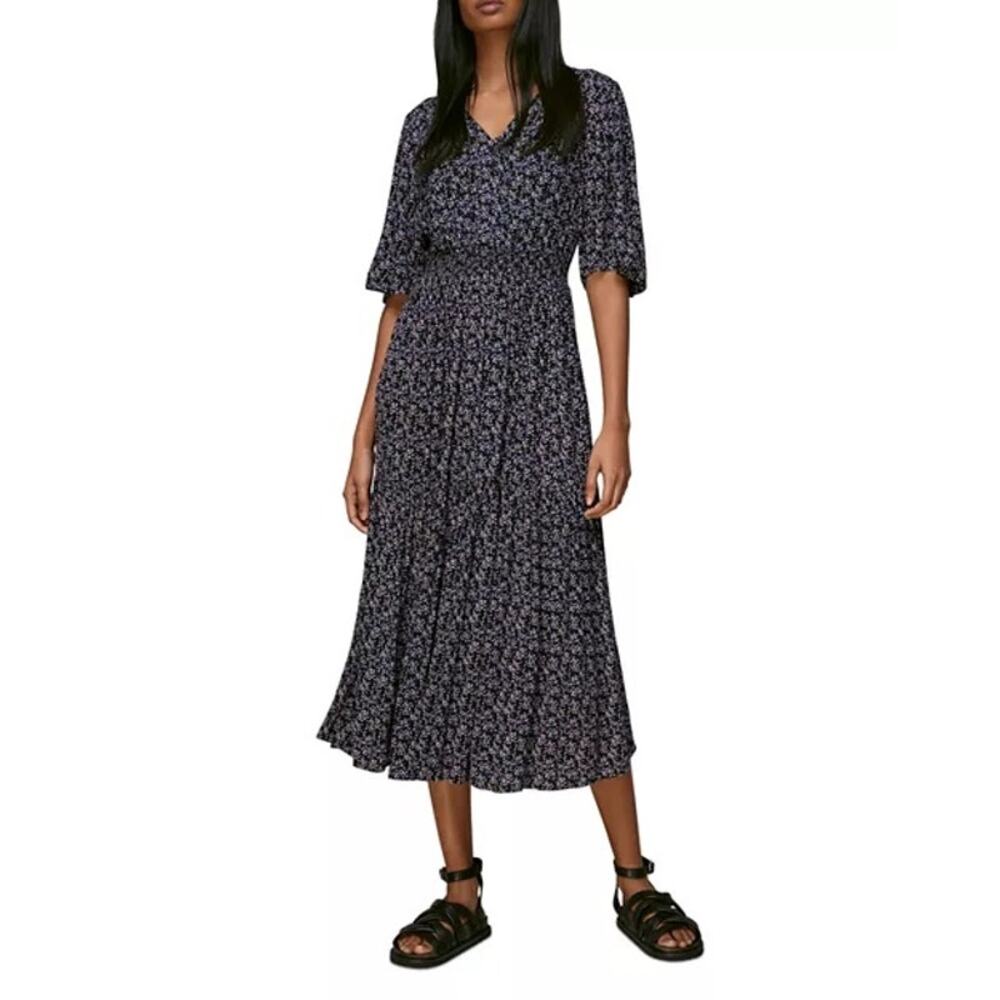 NEW Whistles Kinetic Floral Midi Dress Ditzy Floral Black Purple Womens 2 90s
